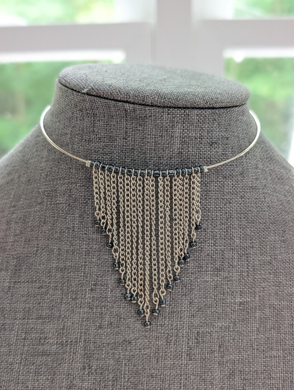 Vintage Silver Tone Y2K Prom Memory Wire Choker Dangle Chain Beaded Necklace